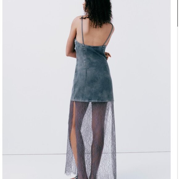 Zara $89  LACE DENIM DRESS BLUE GREY 6045/003 NWT S M L - Picture 5 of 13